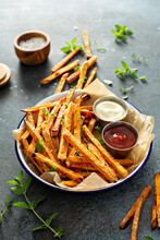 Sweet Potato Fries With Mayo And Ketchup, Homemade Roasted In The Oven