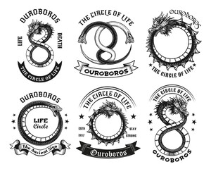 Wall Mural - Ouroboros tattoo templates set. Monochrome design elements with uroboros snake and text on ribbon. Cycle concept for stamps and emblems templates