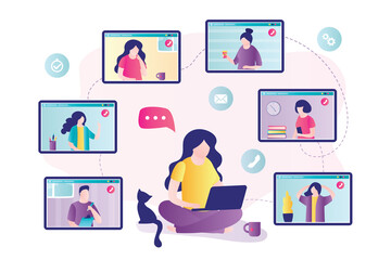 Wall Mural - Business woman holds laptop. Online meeting. Сolleagues discussing matters at online conference. People conversation on video calling.