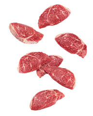 Falling, beef steak, raw meat, isolated on white background, clipping path, full depth of field