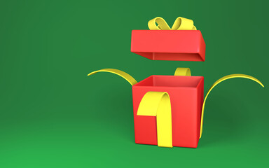 Wall Mural - Realistic open red gift box with yellow bow and ribbon isolated on green background. Vector illustration