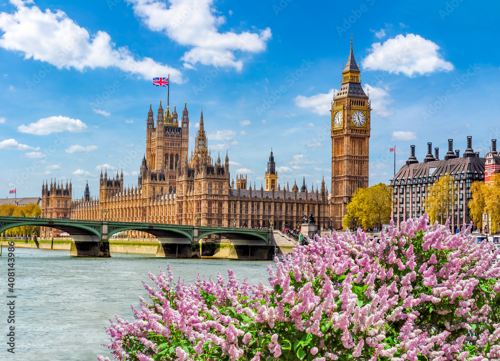 Big Ben tower and Houses of Parliament in spring, London, UK - obrazy, fototapety, plakaty 