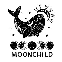 Wall Mural - celestial poster with black whale and moon phases