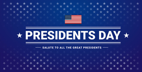 Wall Mural - Presidents Day banner with Presidents Day lettering, USA flag, dark blue background, stars and stripes - vector