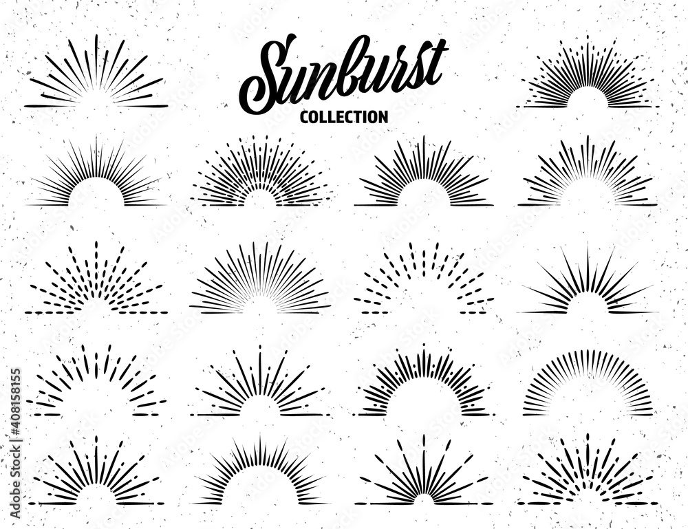 Vintage grunge sunburst collection. Bursting sun rays. Fireworks. Logotype or lettering design element. Radial sunset beams. Vector illustration. - obrazy, fototapety, plakaty 