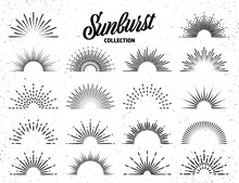 Vintage Grunge Sunburst Collection. Bursting Sun Rays. Fireworks. Logotype Or Lettering Design Element. Radial Sunset Beams. Vector Illustration.