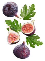 Falling figs fruits and fig leaves isolated on white