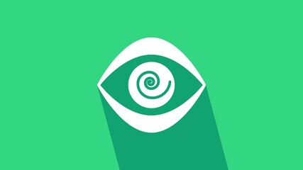 Poster - White Hypnosis icon isolated on green background. Human eye with spiral hypnotic iris. 4K Video motion graphic animation