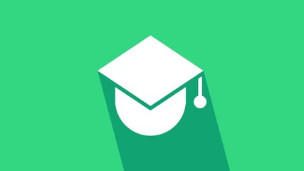 Sticker - White Graduation cap on globe icon isolated on green background. World education symbol. Online learning or e-learning concept. 4K Video motion graphic animation