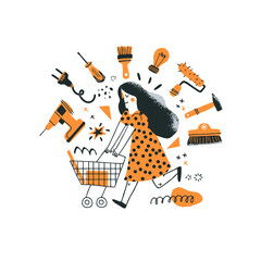 DIY store concept. Woman running with her shopping cart. Vector illustration of tools for home renovation in a flat and hand drawn style. Perfect for hardware store poster, banner or flyer