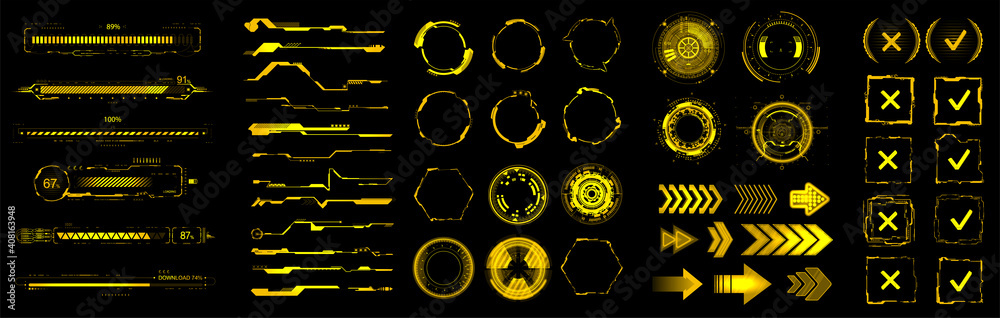Yellow HUD, GUI, UI digital elements set for VR, web design. Futuristic User interface (charts, abstract circle, lines, loading bars and other elements) Sci-fi modern collection HUD, UI. Vector set - obrazy, fototapety, plakaty 