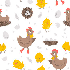 Wall Mural - Vector seamless pattern with cute hen, little chicks, eggs, nest. Spring or Easter funny repeating background for kids. Farm bird digital paper .