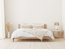 Bedroom Interior Mockup In Boho Style With Fringed Blanket, Cushion With Tassels, Linen Bedding, Dried Pampas Grass, Basket Lamp And Curtain On Empty Beige Background. 3d Rendering, 3d Illustration