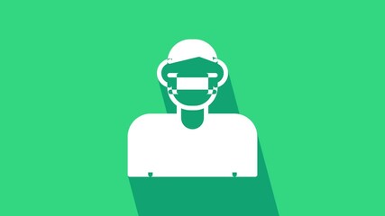 Sticker - White Man face in a medical protective mask icon isolated on green background. Quarantine. 4K Video motion graphic animation