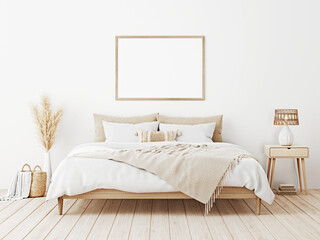 Poster - Horizontal frame mockup in boho bedroom interior with wooden bed, beige fringed blanket, cushion with tassels, dried pampas grass, basket and wicker lamp on white wall. 3d rendering, 3d illustration