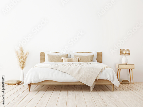 Bedroom interior mockup in boho style with wooden bed, fringed beige blanket, linen cushion with tassels, dried pampas grass and basket lamp on empty white background. 3d rendering, 3d illustration © marina_dikh