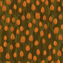 Green And Orange Retro Seamless Repeat Pattern Of Tulips