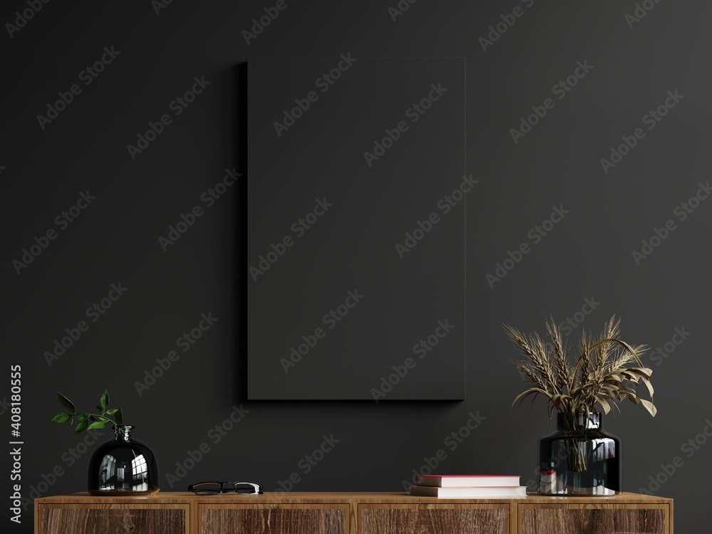 Mockup frame on cabinet in living room interior on empty dark wall background. - obrazy, fototapety, plakaty 