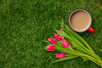 Wall Mural - Cup of coffee and tulips on green grass