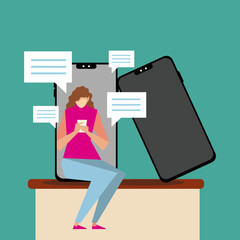 Poster - young woman sitting using smartphone technology