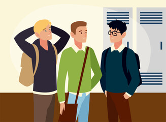 Canvas Print - male students characters with backpacks in the hall image