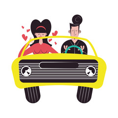 Sticker - Romantic couple cartoons in car vector design