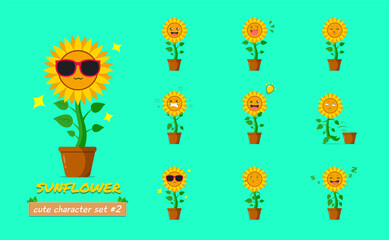 Sunflower character set #2 isolated on a green background. Sunflower character emoticon illustration