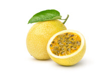 Yellow  Passion Fruit With Cut In Half And Green Leaf Isolated On White Background.. Clipping Path.