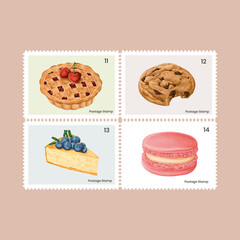 Wall Mural - Cute pastry and sweets on postage stamps set vector