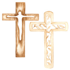 Set of two watercolor wooden crosses. Can be used in print design, Easter souvenirs and other creative ideas.