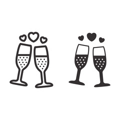 Poster - Champagne in glass with hearts line and solid icon, Valentines Day concept, Two glasses of sparkling champagne sign on white background, romantic dinner icon in outline style. Vector graphics.
