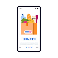 Poster - Volunteering and food donation mobile app on phone screen. Cardboard box full of products for social support and charity for poor and homeless. Vector illustration.