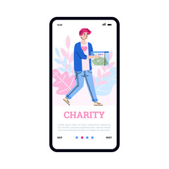 Wall Mural - Onboarding page design for charity foundation with man carrying donation box with money, flat vector illustration. Providing help and raising money for needing people.