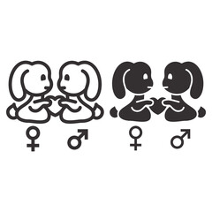 Fototapete - Two loving bunnies line and solid icon, Valentines Day concept, two hares and symbols of heterosexuality on white background, Valentine rabbits in love icon in outline style. Vector graphics.