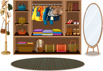 Wall Mural - Clothes hanging on a clothesline with accessories in wardrobe