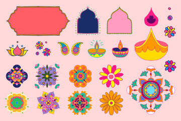 Wall Mural - Diwali Indian rangoli vector illustration set