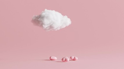 Poster - 3D Animation Cloud heart rain on pastel pink background. Creative idea. Minimal concept.