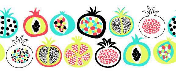 Wall Mural - Pomegranate summer fruit seamless vector border. Repeating pattern doodle pomegranates. Use for fabric trim, kitchen decor, packaging, footer, duct tape, wall decals, banners