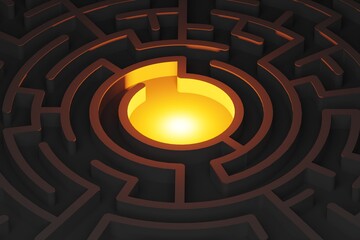 Wall Mural - glowing center in large maze or labyrinth over dark background, success, strategy or solution concep