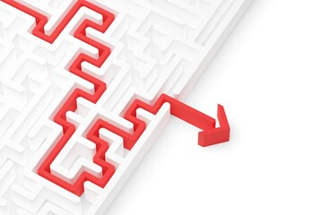 Wall Mural - red path thru white maze or labyrinth over white background, success, strategy or solution concept