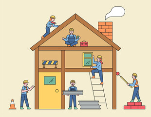 People at the construction site. Cute people are building houses around the section of the house. flat design style minimal vector illustration.