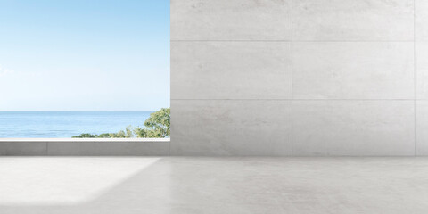 Poster - 3d render of empty concrete room with large window on the sea background.
