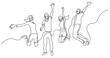 © OneLineStock - continuous line drawing of four jumping happy team members wearing face masks