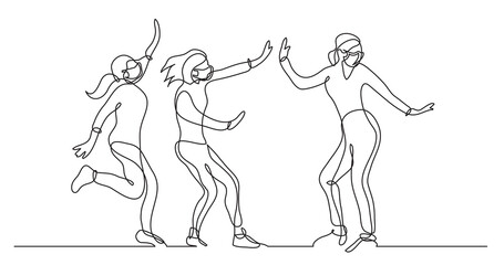 Wall Mural - continuous line drawing of group of girls having fun wearing face masks