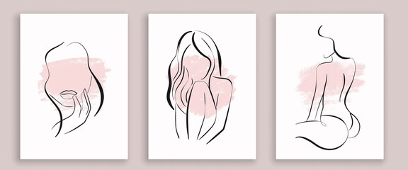 Woman Body One Line Drawing Prints Set. Female Naked Body Creative Contemporary Abstract Line Drawing. Beauty Fashion Female Figure. Vector Minimalist Design for Wall Art, Print, Card, Poster.