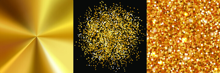 Poster - Set of three festive gold glitter backgrounds. Brushed Metal Sheet, Gold glitter dust, Gold glitter texture. Background with gold sparkles and glitter effect. Vector illustration
