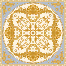 Bandana Print On A Beige And Blue Background, Gold Chains And Cables, Greek Beads Frieze, Baroque Scrolls And Pearl Oyster Shell. Scarf, Neckerchief, Kerchief, Carpet, Rug, Mat