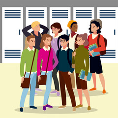 Poster - group university students with books and bags, cartoon style