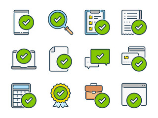 Poster - Check mark and Tick related vector line color icons. Quality and Approve outline colorful icon set.