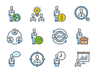 Fototapete - Business people and Human resources related vector line color icons. Team, teamwork and Partnership outline colorful icon set.